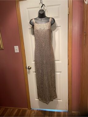 Onyx Nite Metallic Taupe Lace Maxi Dress
